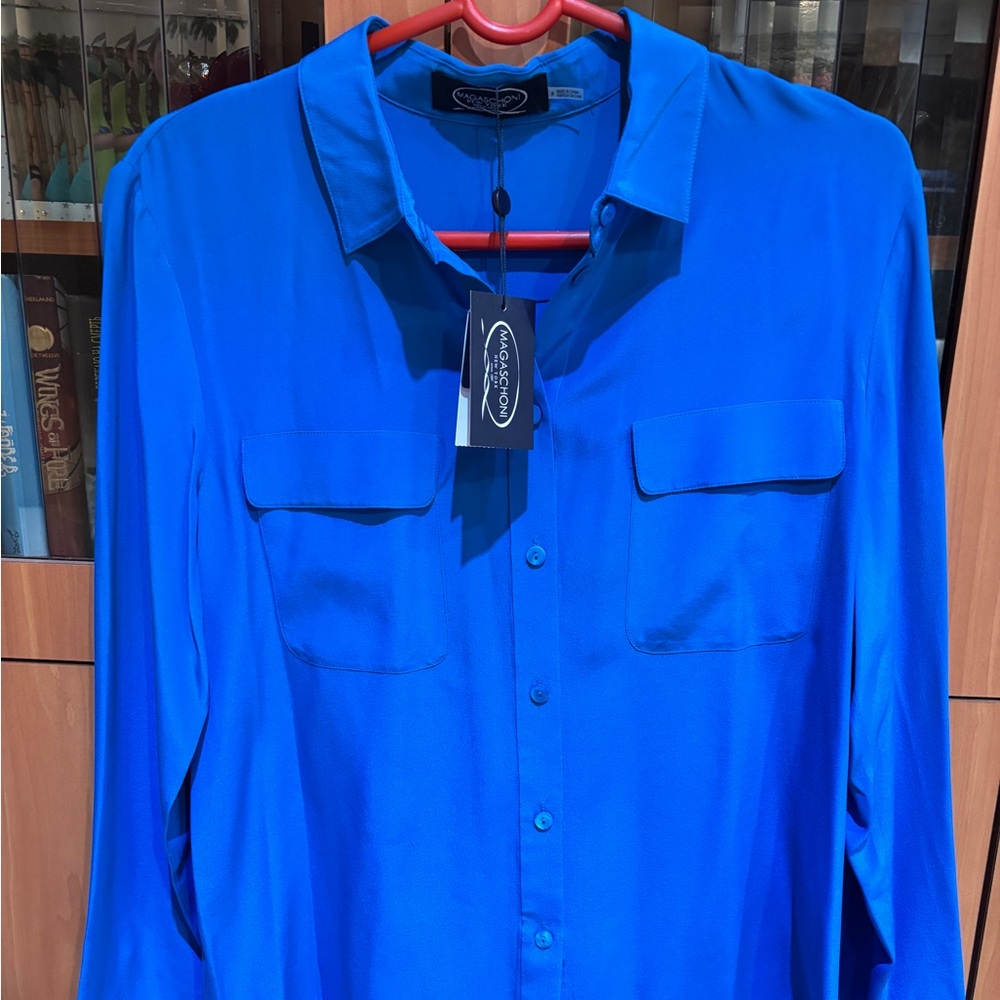 NEW Magaschoni Women Silk Button Down Blouse Shirt Peacock Size 8